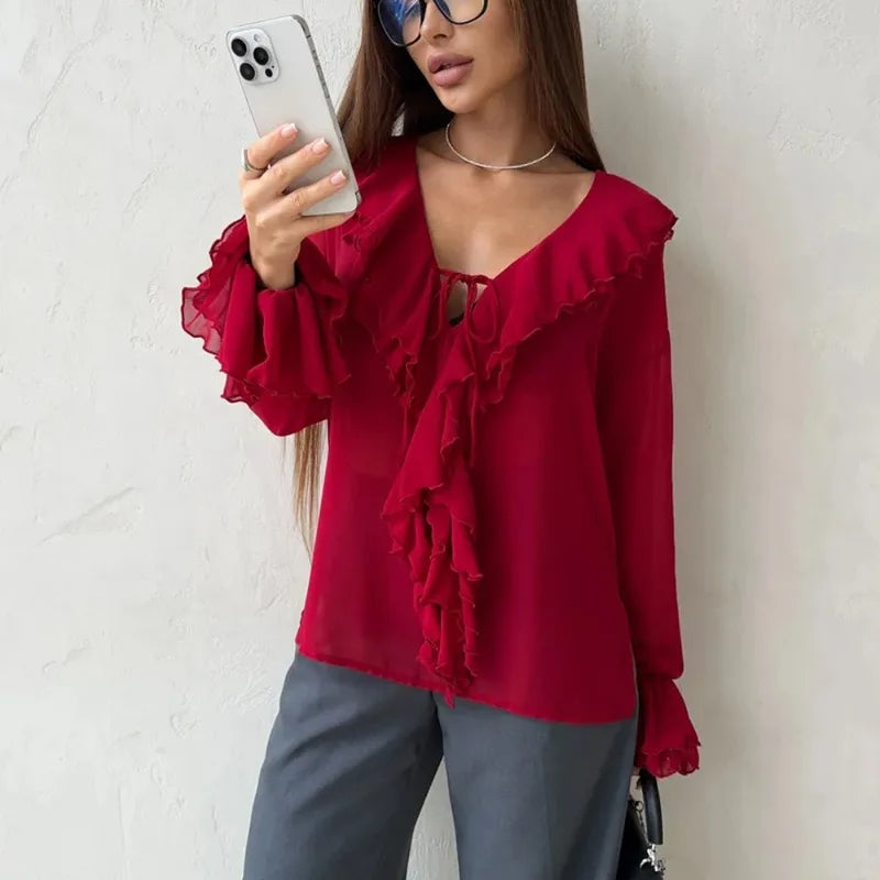 Saviig Summer White Chiffon Ruffle V-Neck Shirt