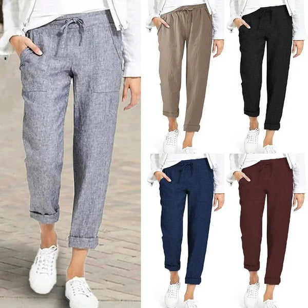 Saviig High Waist Cotton Linen Pants Women's Solid Pockets Harem Trousers