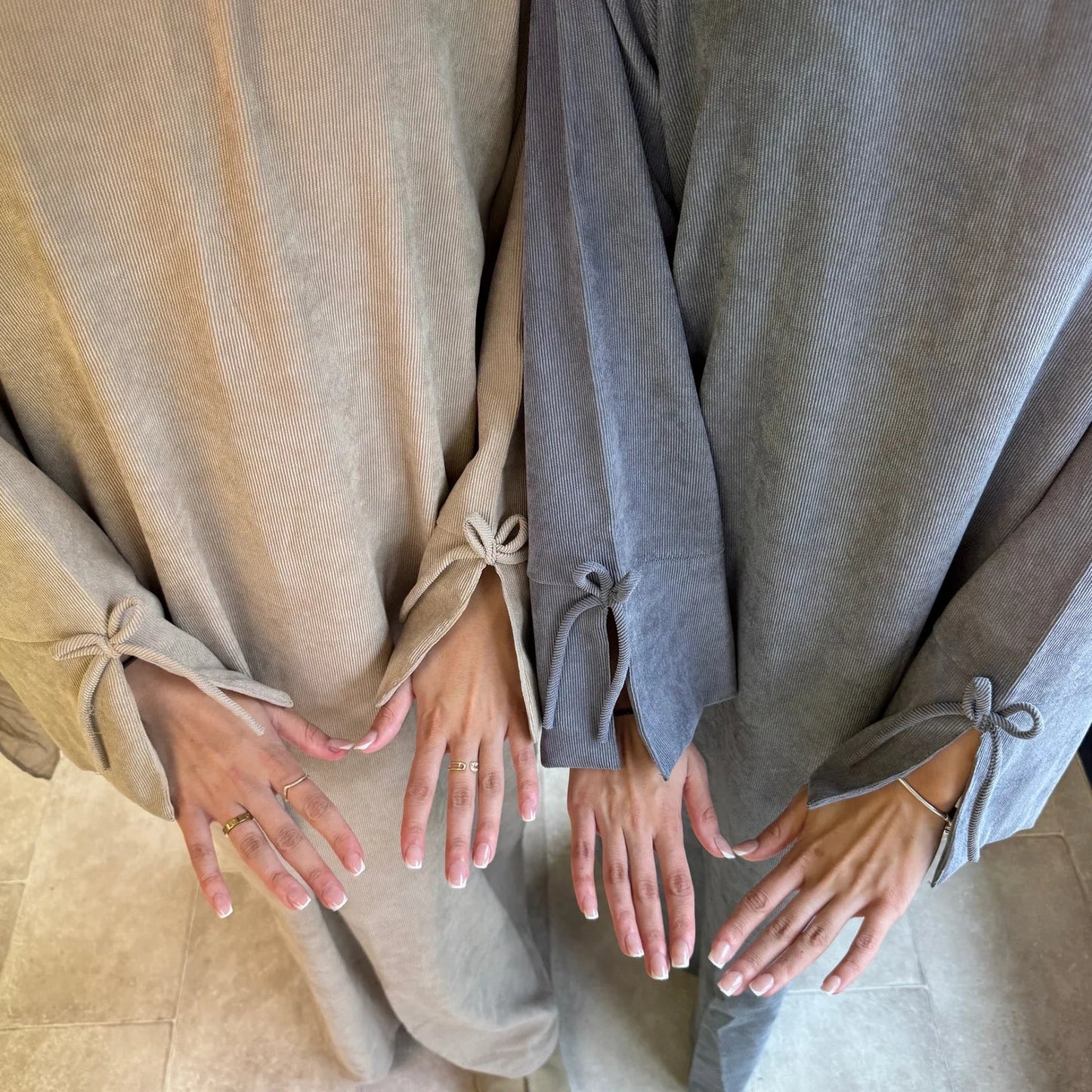 Saviig Corduroy Bowknot Abaya: Modest O Neck Dress with Pockets