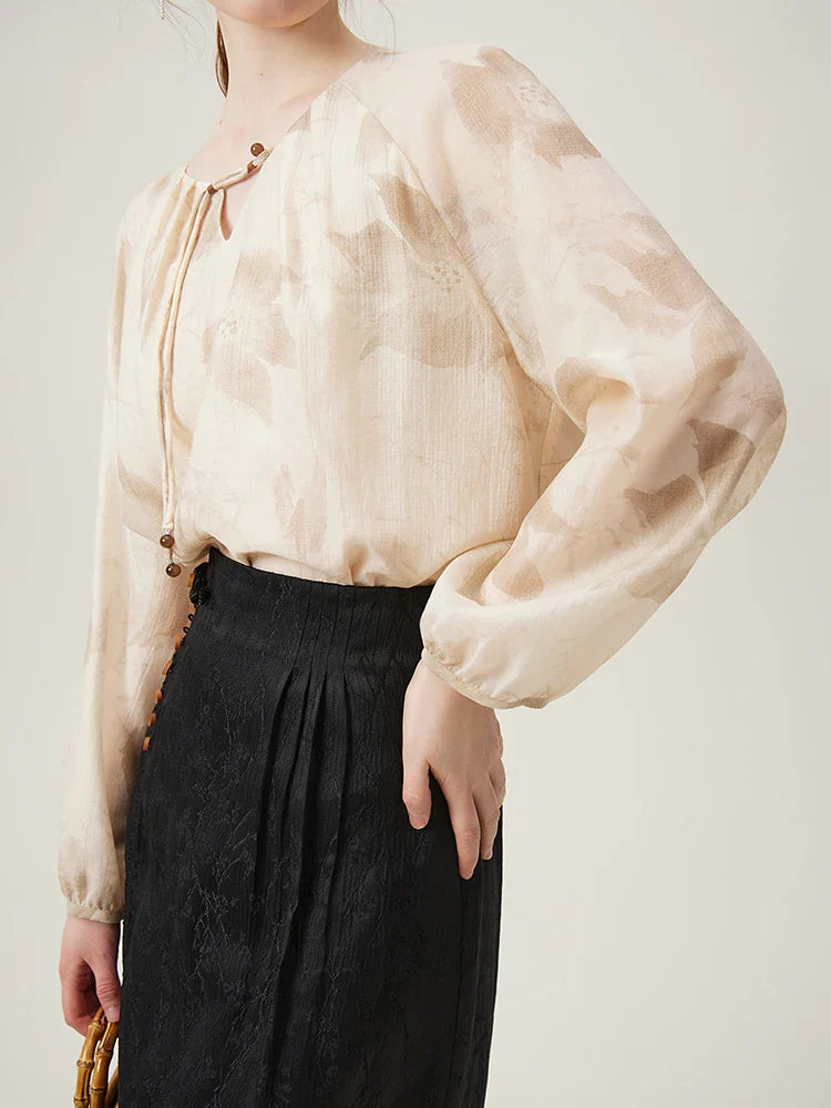 Saviig Beige Print Long Sleeve Blouse with Lace-Up Neck for Women