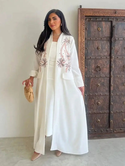Saviig Luxury White Muslim Eid Kebaya Kaftan Abaya Modest Kimono Robe for Women