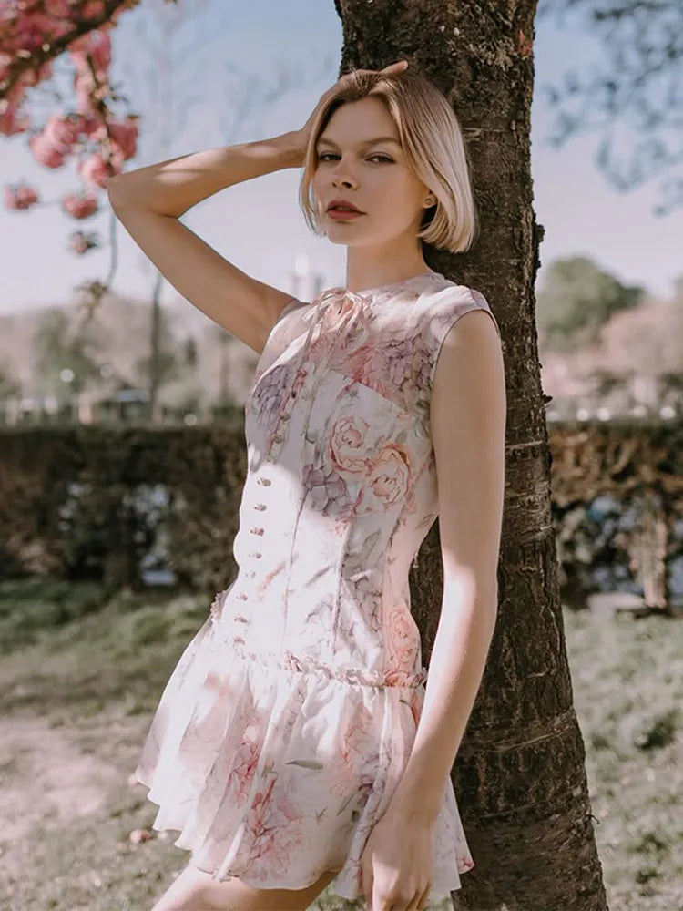 Saviig Blue Printed Sleeveless Mini Dress with Elegant A-line Design