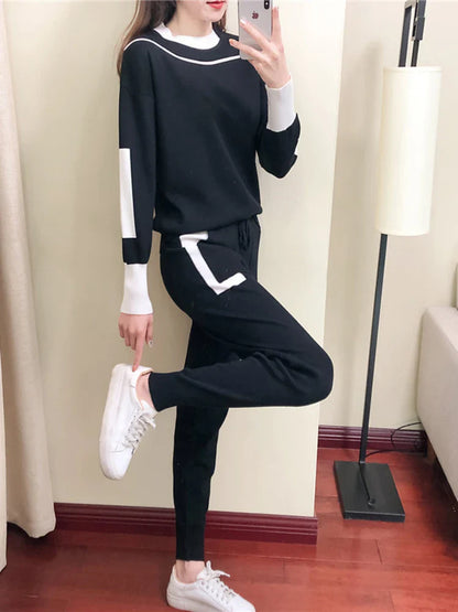 Saviig Winter Women Knitted Set: Pullover Sweater & Pant 2PCS Outfit Warm Sport Suit