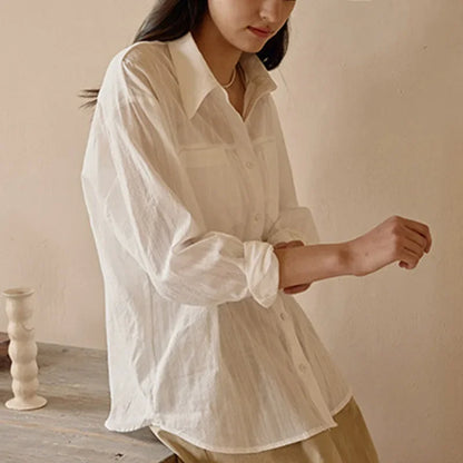 Saviig White Cotton Shirt: Women's Long Sleeve Button-Up Blouse