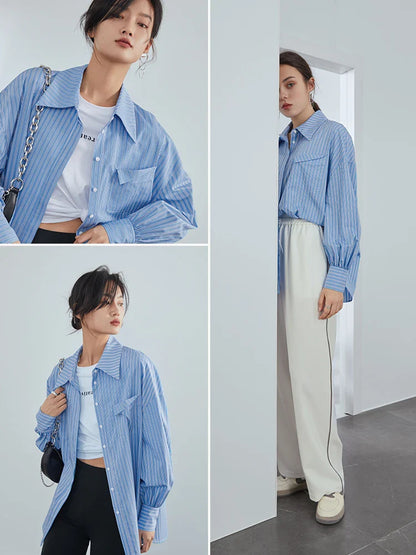 Saviig Blue Striped Button Up Shirt - Women's Oversized Casual Blouse