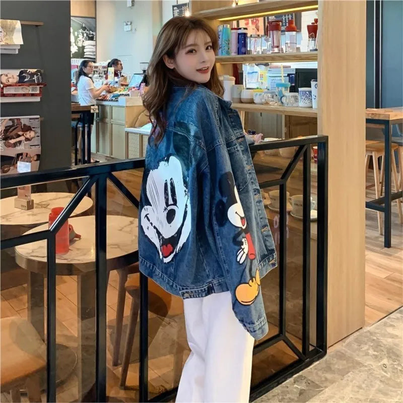 Saviig Mickey Printed Denim Jacket: Women's Preppy Style Casual Top