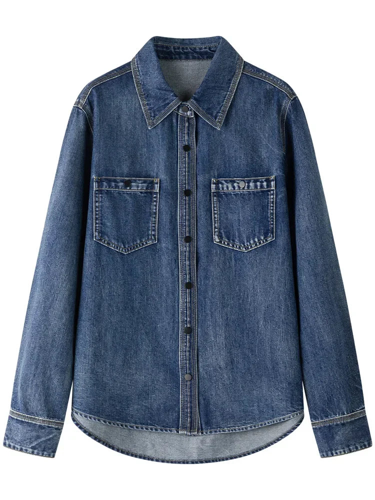 Saviig Cotton Blue Denim Polo Neck Blouse