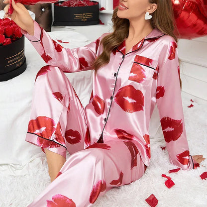 Saviig Lip Print Satin Pajama Set with Long Sleeve Top and Pants