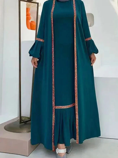 Saviig 2 Piece Muslim Abaya Set with Ruffle Caftan & Kimono Cardigan