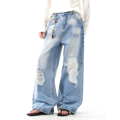 Saviig Vintage Straight High Waist Blue Jeans Wide Leg Pants Denim Trouser