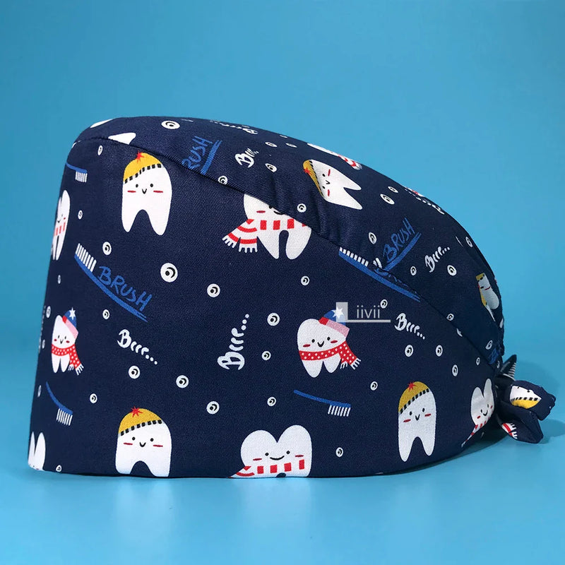Saviig Tooth Print Unisex Clinic Scrub Cap | High-Quality Cotton Dental Work Hat