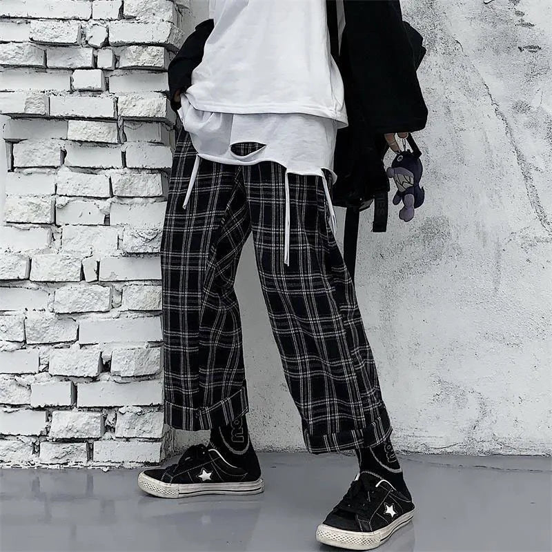 Saviig Black Plaid Hip Hop Wide Leg Pants Harajuku Style Oversize Trousers