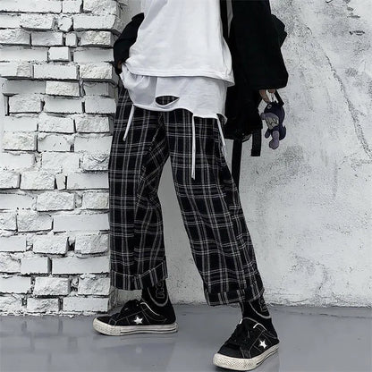 Saviig Black Plaid Hip Hop Wide Leg Pants Harajuku Style Oversize Trousers