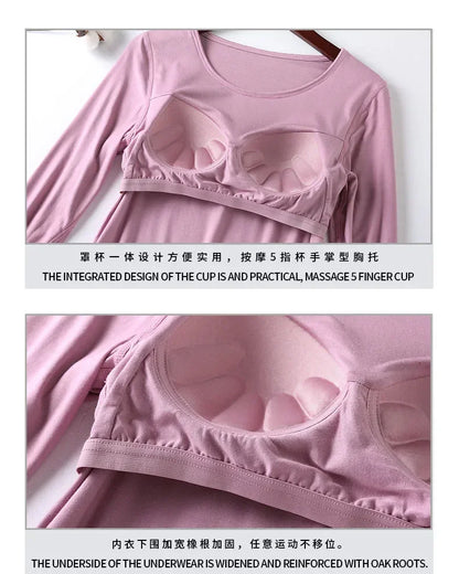 Saviig Long-Sleeved Pajamas with Integrated Bra, Spring/Autumn Women's Home Base Innerwear