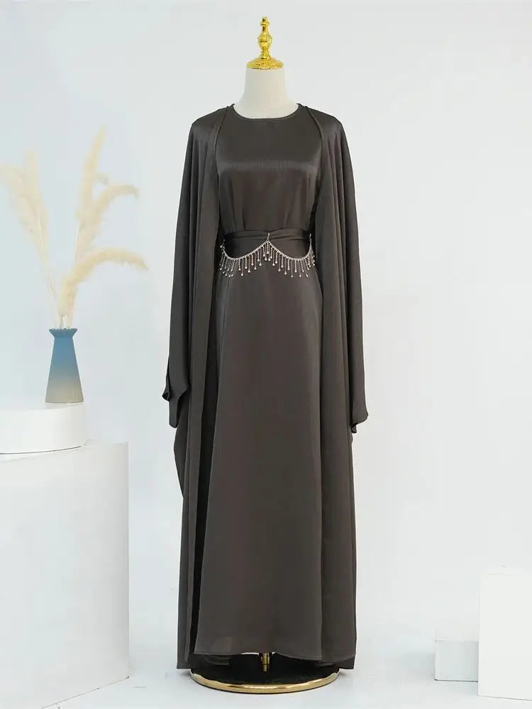 Saviig Ramadan Satin Abaya Dubai Set - Muslim Prayer Clothes Caftan Robe Femmes