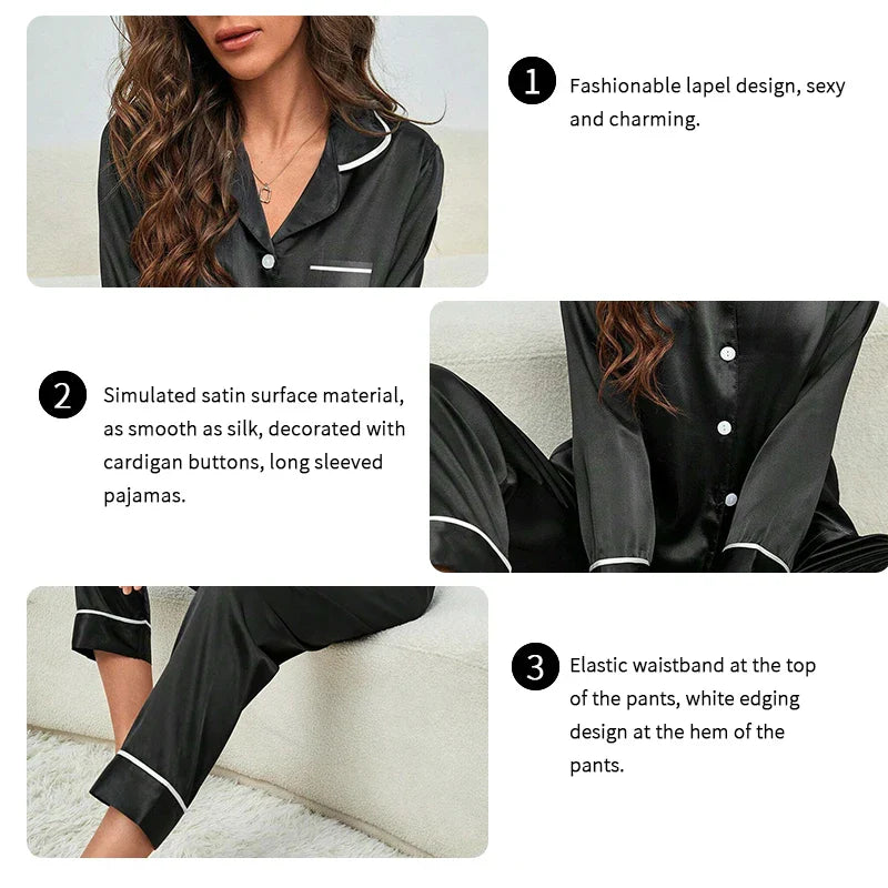 Saviig Button V Neck Pajamas Set with Long Sleeve Top & Trousers- 2 Piece