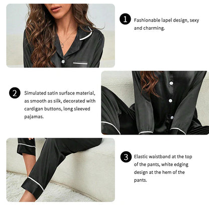 Saviig Button V Neck Pajamas Set with Long Sleeve Top & Trousers- 2 Piece