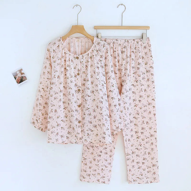 Saviig Cotton Crepe Floral Pajama Set - Pullover Top, Long Pants - Women's Spring & Autumn Fashion