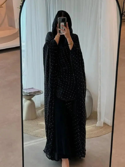 Saviig Ramadan Wave Point Black Kimono Abaya for Modest Muslim Women