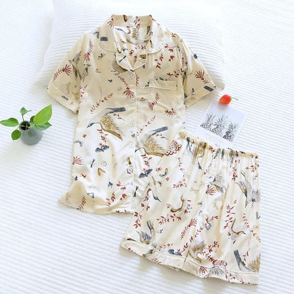 Saviig Summer Pajama Set: Viscose Short-Sleeve Top & Cotton Shorts