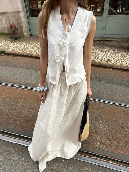 Saviig White Lace-Up Cardigan Vest V-Neck Sleeveless Bandage Top