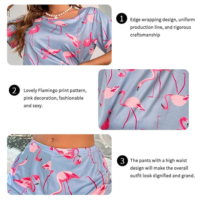 Saviig Flamingo Print Pajama Set for Women Short Sleeve Top Shorts Pyjama Femme