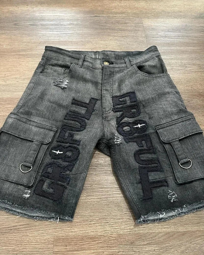 Saviig Vintage Skull Print Baggy Denim Shorts Women Gothic Hip Hop Oversized Shorts