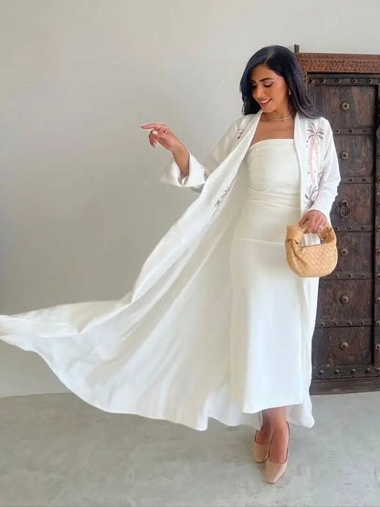 Saviig Luxury White Muslim Eid Kebaya Kaftan Abaya Modest Kimono Robe for Women