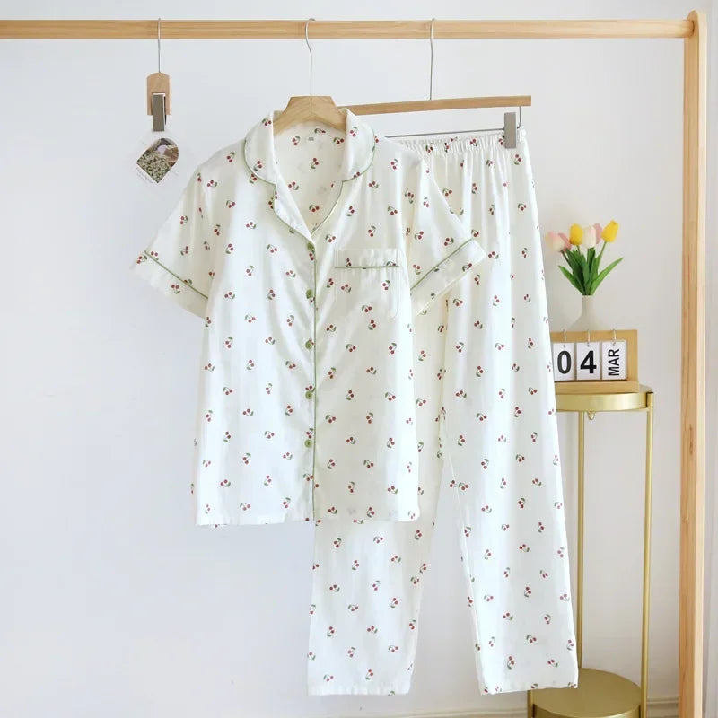 Saviig Cotton Gauze Women's Pajama Set: Short-Sleeve Top & Pants, Cute & Lightweight
