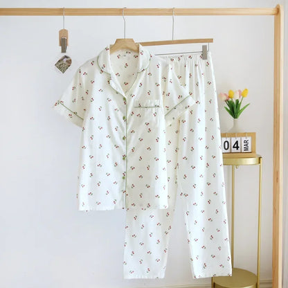 Saviig Cotton Gauze Women's Pajama Set: Short-Sleeve Top & Pants, Cute & Lightweight