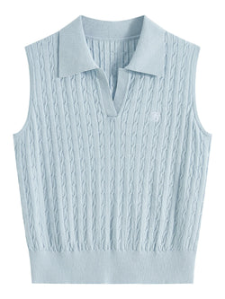 Saviig Cable Knit Sleeveless Vest with Polo Collar Embroidery