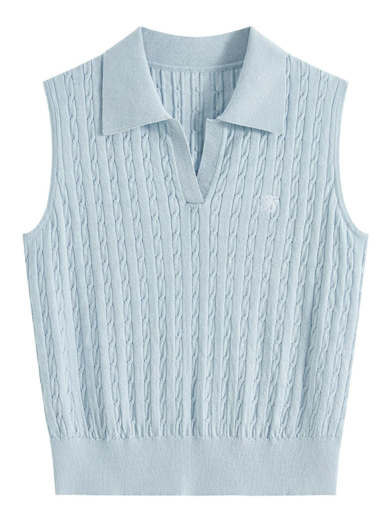 Saviig Cable Knit Sleeveless Vest with Polo Collar Embroidery