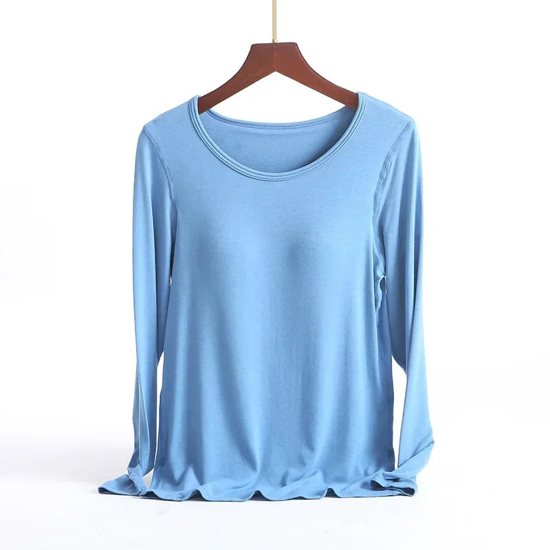 Saviig Long-Sleeved Pajamas with Integrated Bra, Spring/Autumn Women's Home Base Innerwear