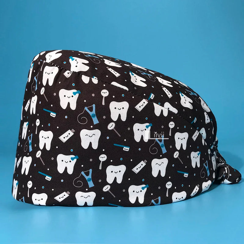Saviig Tooth Print Unisex Clinic Scrub Cap | High-Quality Cotton Dental Work Hat