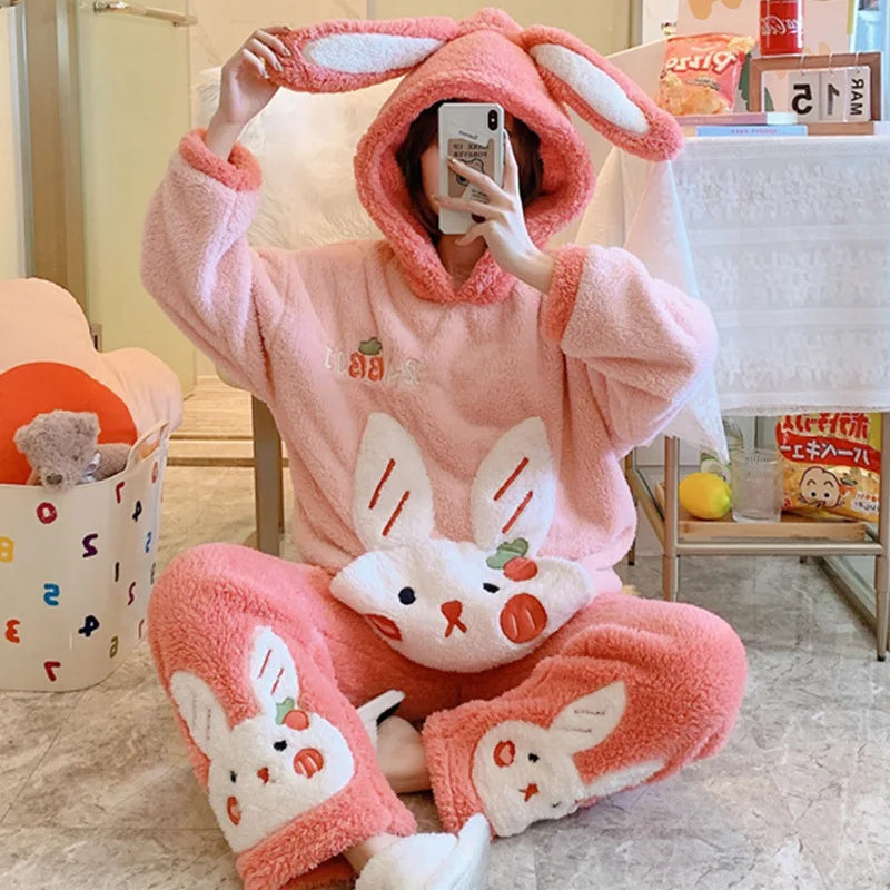 Saviig Cozy Coral Velvet Pajama Set: Hooded Flannel Loungewear, Plus Size