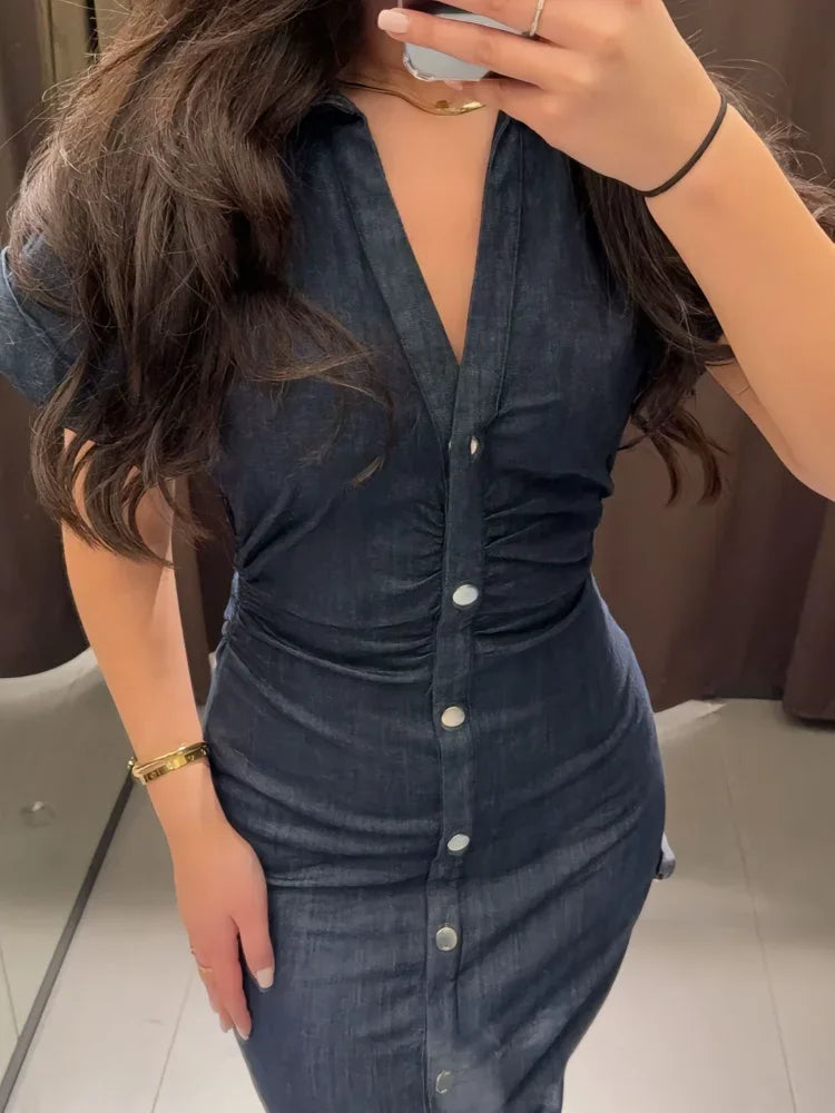 Saviig Chic Pleated Denim Dress: Short Sleeve Lapel Solid Vestidos