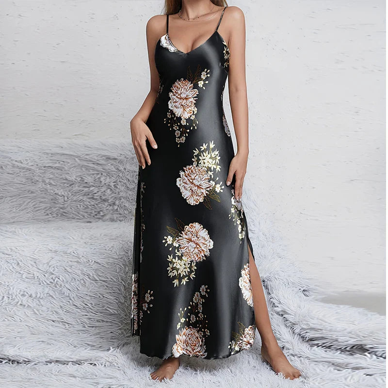 Saviig Silky V-Neck Floral Print Nightgown Sleep Dress for Women
