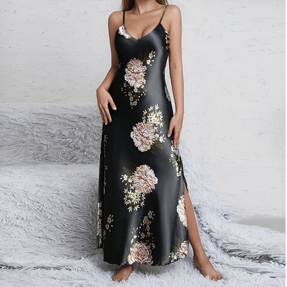 Saviig Silky V-Neck Floral Print Nightgown Sleep Dress for Women