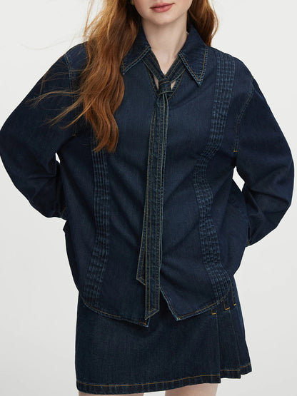 Saviig Dark Blue Denim Set with Removable Lace-up Detail & Back Zipper Placket