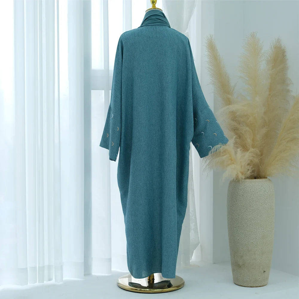 Saviig Moon Embroidery Open Abaya, Batwing Sleeves Kimono for Muslim Women