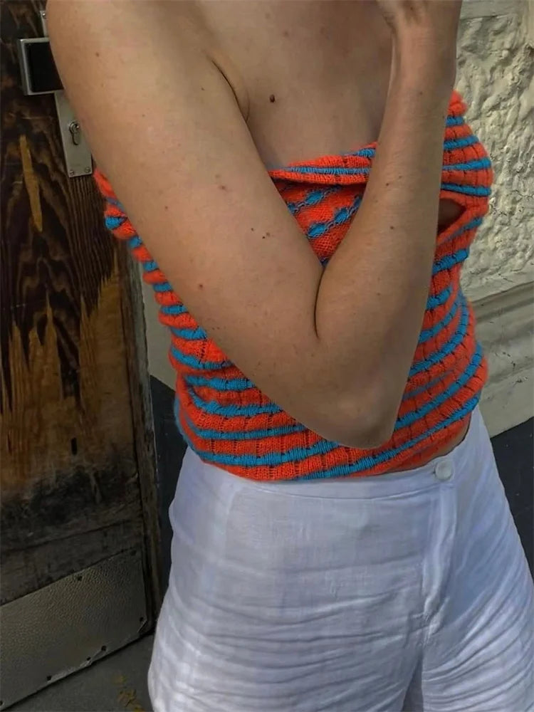 Saviig Striped Knit Tube Top - Sexy Off Shoulder Backless Bustier Streetwear