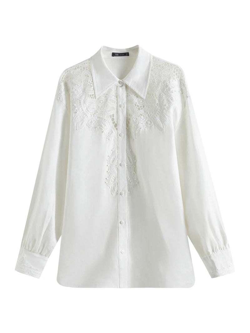 Saviig Minimalist Linen Lace White Shirt - 2025 Summer Embroidered Chic Soft Top
