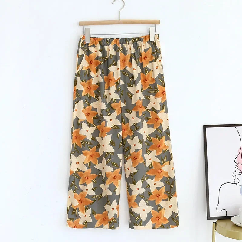 Saviig Summer Viscose Wide Leg Pajama Cropped Pants Plus Size