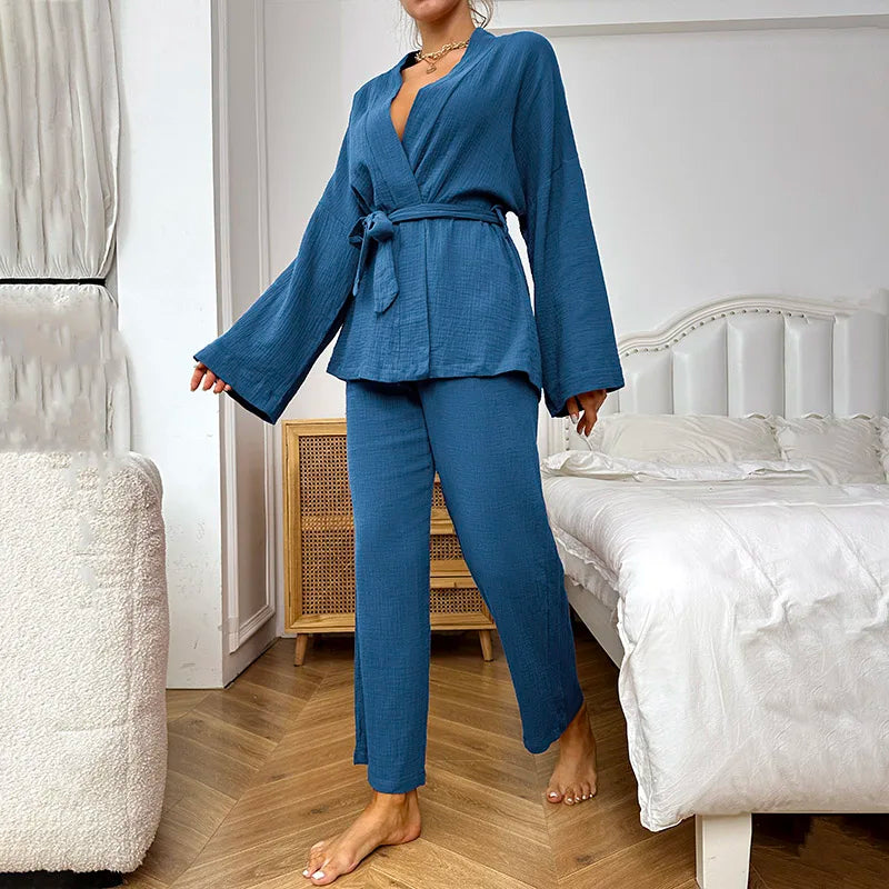 Saviig Women's Cotton Pajama Set with Robe and Kimono Pants