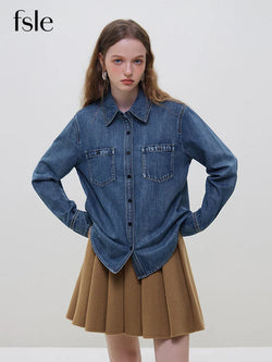 Saviig Cotton Blue Denim Polo Neck Blouse