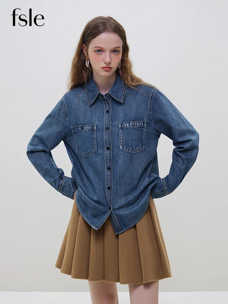 Saviig Cotton Blue Denim Polo Neck Blouse