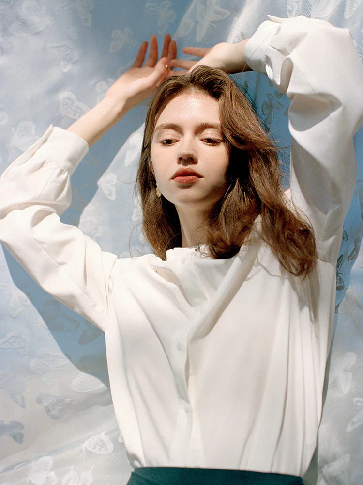 Saviig Blue Modal Collar Blouse: Spring 2024 Fashion Stand Collar Office Shirt