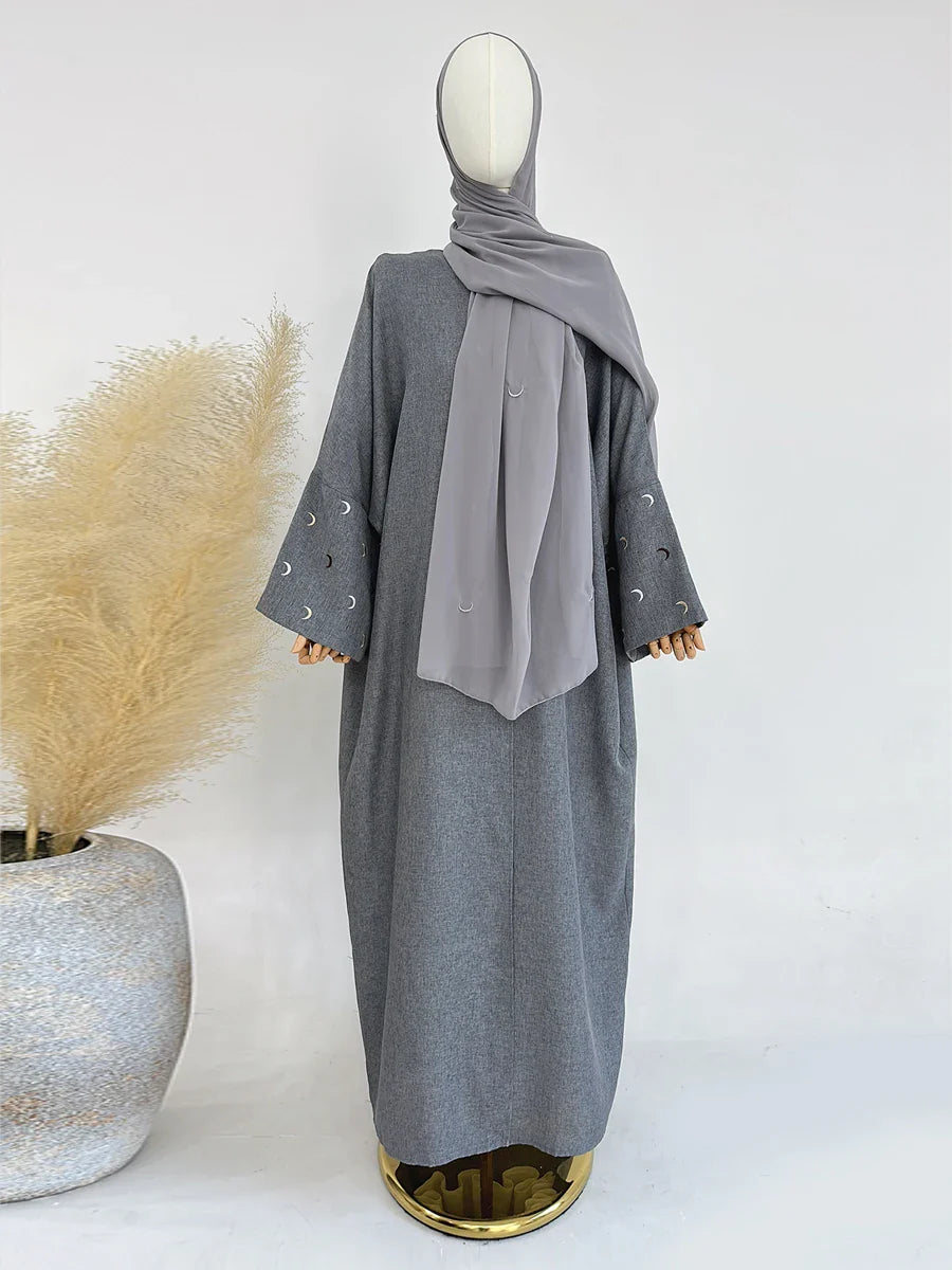 Saviig Moon Embroidery Open Abaya, Batwing Sleeves Kimono for Muslim Women