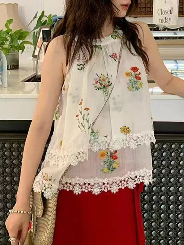 Saviig Embroidered Ruffle Sleeveless T-Shirt for Women