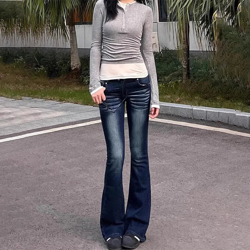 Saviig Vintage Deep Blue Low Rise Bell-Bottom Jeans